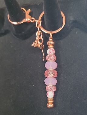Rose Gold Pink Beaded Keychain Or Purse Charm with Eiffel Tower + Key Charms